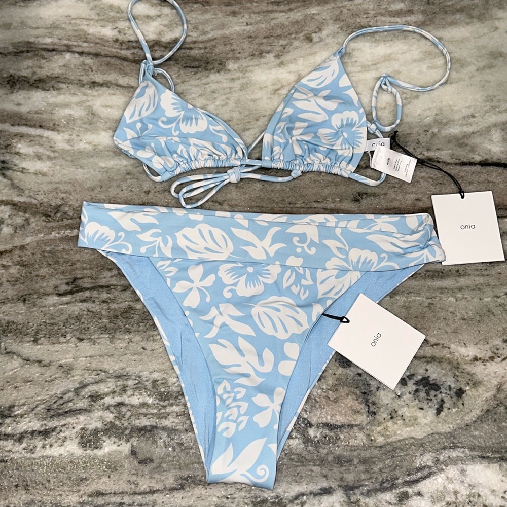 ONIA BIKINI - String Bikini Top Mid Rise Bottom Blue Tropical Floral Sz Medium M